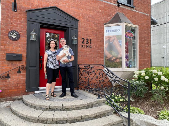 Grady's Feet Essentials owners Kelli and Tony Grady with "shop dog" Luna at their current location at 231 King Street in downtown Peterborough. After 40 years in business, Grady's Feet Essentials continues to focus on buying and selling top-quality, built-to-last, comfortable shoe brands including Blundstone, Birkenstock, Keen, Teva, Redback, Clarks, Finn Comfort, New Balance, and Brooks. Known for their customer service, the Gradys also offer 3D foot scans and will supply customers with the knowledge and tools to care for their new shoes, also providing Birkenstock cork resealing and Blundstone TLC services. (Photo courtesy of Grady's Feet Essentials)