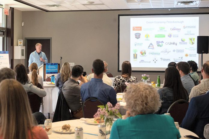 Trent School of the Environment director Stephen Hill speaks to Green Economy Peterborough business leaders at the annual Leadership in Sustainability Awards celebration in April 2024. (Photo: Heather Doughty)