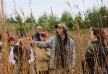 Kawartha Land Trust's land stewardship manager Hayden Wilson showing volunteers how to identify native tallgrasses and collect seeds at the tallgrass prairie at KLT's Ballyduff Trails in Pontypool in 2022. The 2024 annual tallgrass and wildflower seed harvest takes place on Sunday, October 6 and volunteers are invited to participate. (Photo: Dani Couture / Kawartha Land Trust)