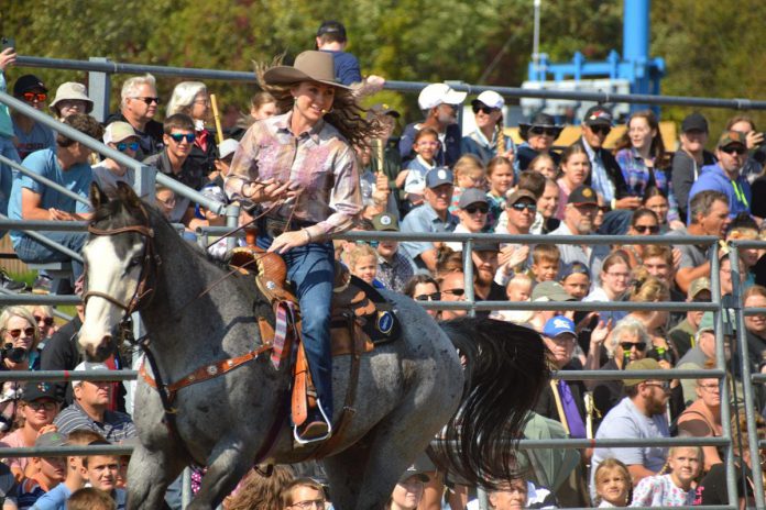 Amber Marshall, who plays Amy Fleming in the long-running CBC television series "Heartland," co-hosting the RAM Rodeo Tour at the 2023 International Plowing Match & Rural Expo (IPM) in Dufferin County. She will be once again returning to host the tour at the 2024 IPM in Kawartha Lakes, which she will also be reading from her own children's book "Where'd Turkey Go?". (Photo courtesy of IPM)