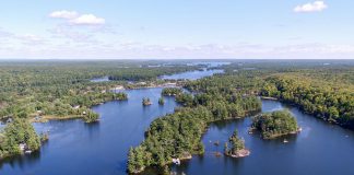 An aerial view of Lovesick Lake, located between Buckhorn Lake and Stoney Lake. The small lake is bordered by Burleigh Falls to the east and Wolf Island Provincial Park to the west. (Photo: Joel Knott)