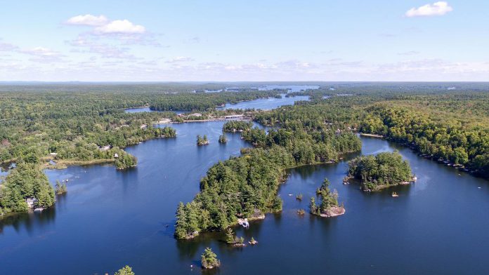 An aerial view of Lovesick Lake, located between Buckhorn Lake and Stoney Lake. The small lake is bordered by Burleigh Falls to the east and Wolf Island Provincial Park to the west. (Photo: Joel Knott)