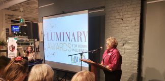 Susan Dunkley, vice chair of the board of Peterborough and the Kawarthas Chamber of Commerce, speaks at the launch of the Luminary Awards for women in business at Bennett's Furniture and Mattresses on September 18, 2024. Nominations are now open in five categories for the awards, which will be presented on May 8, 2025. (Photo: Jeannine Taylor / kawarthaNOW)