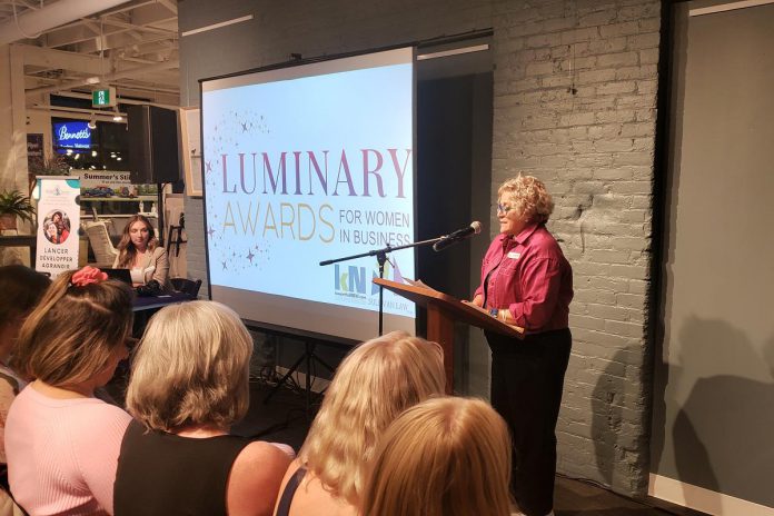 Susan Dunkley, vice chair of the board of Peterborough and the Kawarthas Chamber of Commerce, speaks at the launch of the Luminary Awards for women in business at Bennett's Furniture and Mattresses on September 18, 2024. Nominations are now open in five categories for the awards, which will be presented on May 8, 2025. (Photo: Jeannine Taylor / kawarthaNOW)