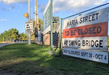 The Maria Street swing bridge in Peterborough's East City will be closed every day between 9 a.m. and 3:30 p.m. from September 30 to October 4, 2024. Detour signage will be posted. (Photo: Bruce Head / kawarthaNOW)