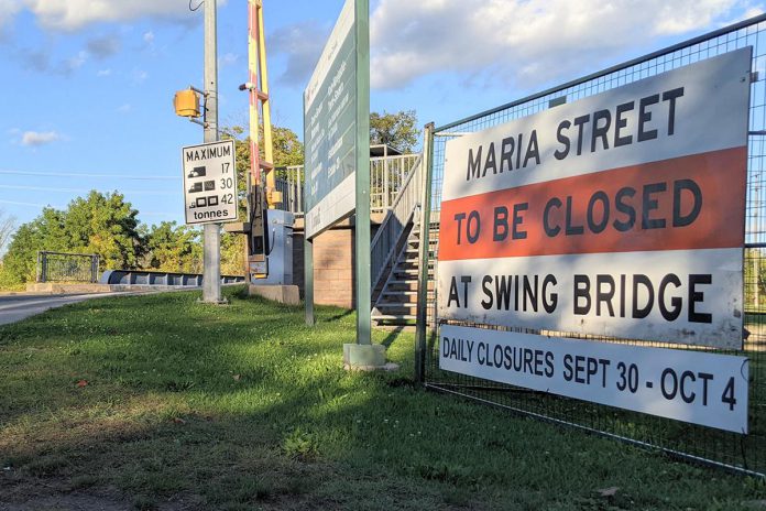 The Maria Street swing bridge in Peterborough's East City will be closed every day between 9 a.m. and 3:30 p.m. from September 30 to October 4, 2024. Detour signage will be posted. (Photo: Bruce Head / kawarthaNOW)