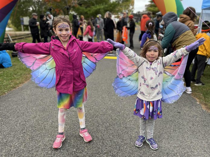 Two of the children who participated in the kids fun run during the inaugural Monarch Butterfly Festival and Run in October 2023. The 2024 event takes place on Saturday, September 21, with a sold-out 10km race and 1km kids fun run preceding the festival in Peterborough's Millennium Park. Funds raised during the event will support a non-profit environmental organization in Mexico that is working to conserve, regenerate, and protect the habitat of the endangered monarch butterfly. (Photo courtesy of Monarch Ultra)