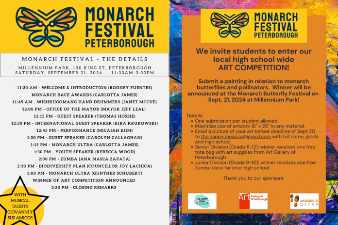 The schedule of the second annual Monarch Butterfly Festival on September 21, 2024 along with details about the high school student art competition whose winner will be announced during the festival. (Graphics courtesy of Monarch Ultra)