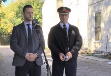 Detective Sergeant Josh McGrath and Chief Stuart Betts of the Peterborough Police Service held a media conference on September 26, 2024 at at 701 George Street North just south of Parkhill Road, where a Scarborough teenager was shot multiple times the previous evening. The victim is in stable condition in a Toronto-area hospital and police are searching for two or three male suspects in the shooting, who may also not be from the Peterborough area. (kawarthaNOW screenshot of police video)