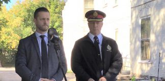 Detective Sergeant Josh McGrath and Chief Stuart Betts of the Peterborough Police Service held a media conference on September 26, 2024 at at 701 George Street North just south of Parkhill Road, where a Scarborough teenager was shot multiple times the previous evening. The victim is in stable condition in a Toronto-area hospital and police are searching for two or three male suspects in the shooting, who may also not be from the Peterborough area. (kawarthaNOW screenshot of police video)