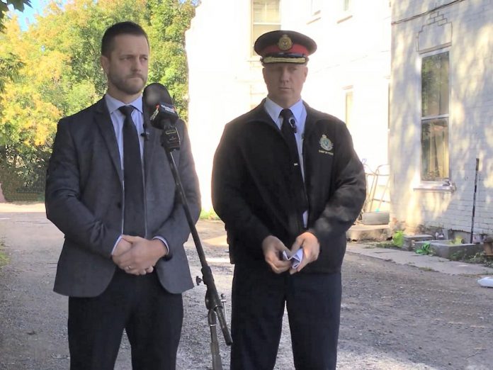 Detective Sergeant Josh McGrath and Chief Stuart Betts of the Peterborough Police Service held a media conference on September 26, 2024 at at 701 George Street North just south of Parkhill Road, where a Scarborough teenager was shot multiple times the previous evening. The victim is in stable condition in a Toronto-area hospital and police are searching for two or three male suspects in the shooting, who may also not be from the Peterborough area. (kawarthaNOW screenshot of police video)