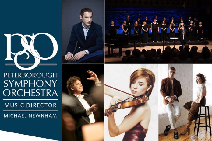 The Peterborough Symphony Orchestra's 2024-25 season conducted by music director Michael Newnham (bottom left) features "Romantic Flames" on Nov. 2 with pianist David Jalbert (top left), "Season of Lights" on Dec. 14 with Elmer Iseler Singers, "Indiana Jones meets The Godfather" on Feb. 1, "Spring Sunrise" with violinist Erika Raum on Mar. 29, and "Step into the Light" on May 24 with cellist Stephen Tétreault, harpist Valérie Milot, and (not pictured) soprano Christina Raphaëlle Haldane. (kawarthaNOW collage of photos from the PSO website)