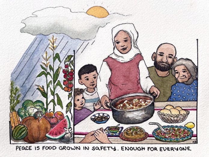 This watercolour painting by Katie Baklinski titled "Peace is Food Grown in Safety. Enough for Everyone" was one of two runners-up for the second annual Stories of Peace Award. (Photo courtesy of Canadian Peace Museum)