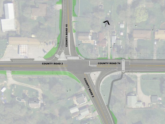 The preferred design option for the intersection in the hamlet of Welcome in the Municipality of Port Hope is to reconstruct the three-way stop with various enhancements, including new cycling and pedestrian accommodations and pedestrian crossings outside the intersection to improve connectivity and safety. (Graphic: Northumberland County)