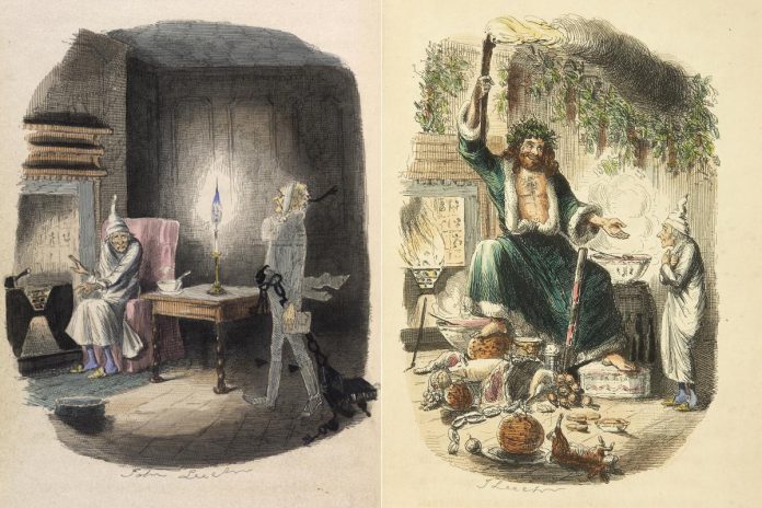 Illustrations of "Marley's Ghost" and "The Ghost of Christmas Present" by John Leech from the original 1843 edition of "A Christmas Carol" by Charles Dickens. (Public domain)