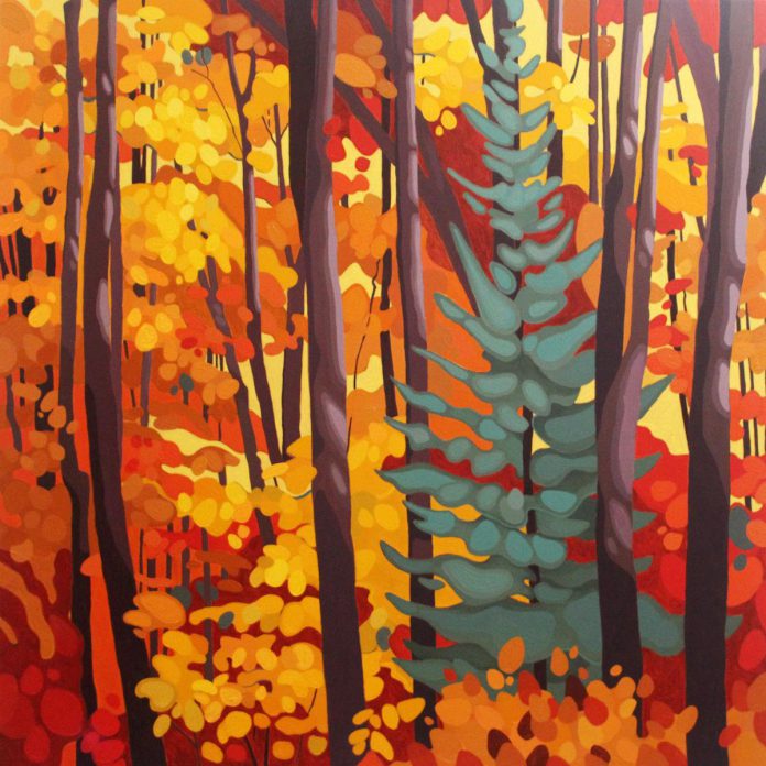 Peterborough fine artist Leanne Baird's "Spruce in Maple Forest" (2018, acrylic on canvas, 36" x 36") is one of the many artworks that will be available for bidding during the annual It's All About ART fundraising auction in support of programming at the Art Gallery of Peterborough on October 26, 2024. The painting is available for preview at an exhibition at the gallery from October 5 to 20. (Photo courtesy of Art Gallery of Peterborough)