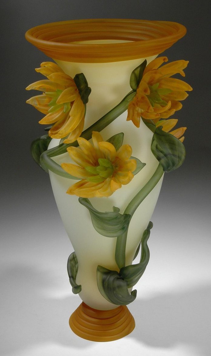 "Flower Vase" (2024, blown and solid worked glass, sandblasted surface, 14" x 8.5" x 10") by Apsley-based glass-blower Susan Rankin is one of the artworks that will be available during the 2024 It's All About ART fundraising auction in support of programming at the Art Gallery of Peterborough. Both the online and live auctions will feature a range of mediums and art styles including ceramics, jewellery, photography, and paintings. (Photo courtesy of Art Gallery of Peterborough)