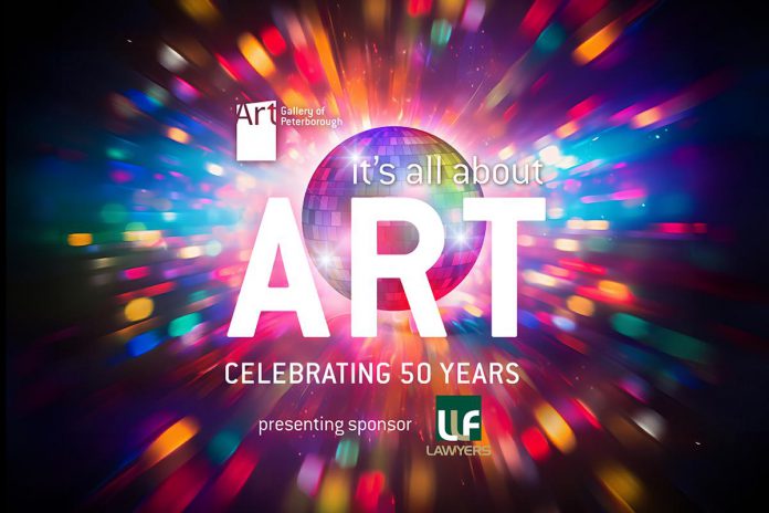 The Art Gallery of Peterborough is celebrating 50 years in 2024, and this year's It's All About ART live fundraising auction on Saturday, October 26 at The Venue in downtown Peterborough will feature a 1970s theme, with an online silent auction running from October 11 to 26. (Graphic courtesy of Art Gallery of Peterborough)