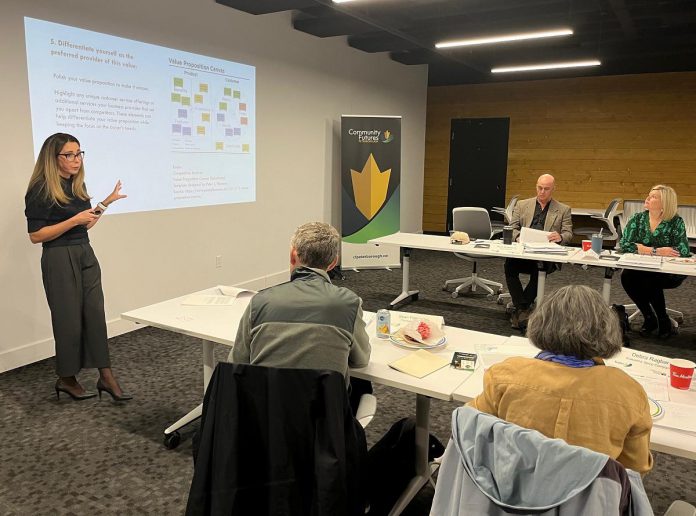 Mega Experience CEO Catia Skinner leading a session on value proposition with the six local entrepreneurs who participated in Community Futures Peterborough's 2024 ScaleUP Program in partnership with Scotiabank. The program provided the entrepreneurs with the knowledge and skills they need to take their small businesses to the next level. (Photo: Community Futures Peterborough)