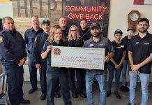 Members of Kawartha Lakes Fire Rescue Service's Lindsay fire station, along with the fire prevention and education team members, accept a cheque for $2,085 from Firehouse Subs Lindsay in support of the fire service's door-to-door smoke alarm program. (Photo: City of Kawartha Lakes)