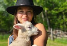 Beatrice Chan, the new program coordinator of the Net Zero Farms program, with one of her lambs from her farm in Selwyn Township where she farms sheep, cut flowers, meat chickens, and runs a flock of layers as well. She is looking forward to working with other local farmers in her new role as coordinator. (Photo: Bea Chan)