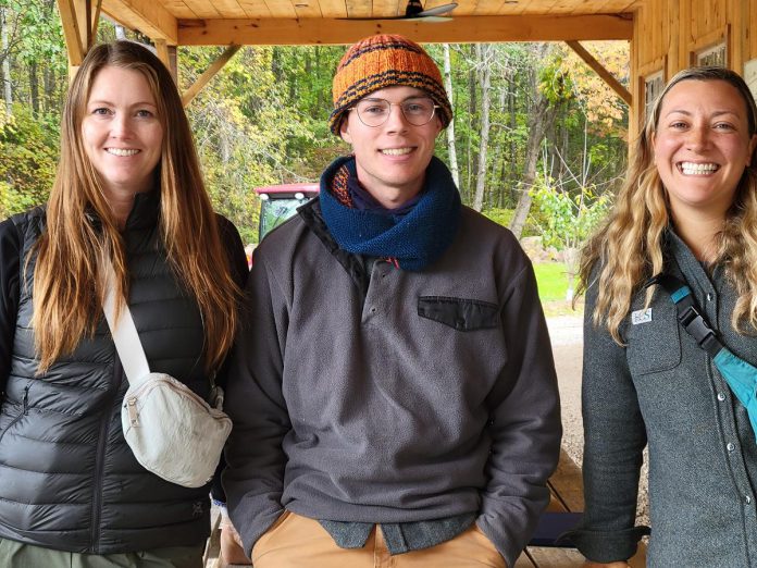 Janice, Kohl, and Jade, who run and manage the Northcote Campus farm at Lakefield College School, after giving a tour of the farm to GreenUP Net Zero Farms program coordinator Bea Chan. Northcote is an active veggie farm used as a teaching farm to engage students at Lakefield College School in understanding food production and food systems. The farm was a member of the first cohort of farms in the Net Zero Farms Pilot project, and one of members who received an Greenhouse Gas Inventory Report through their participation. (Photo: Bea Chan)