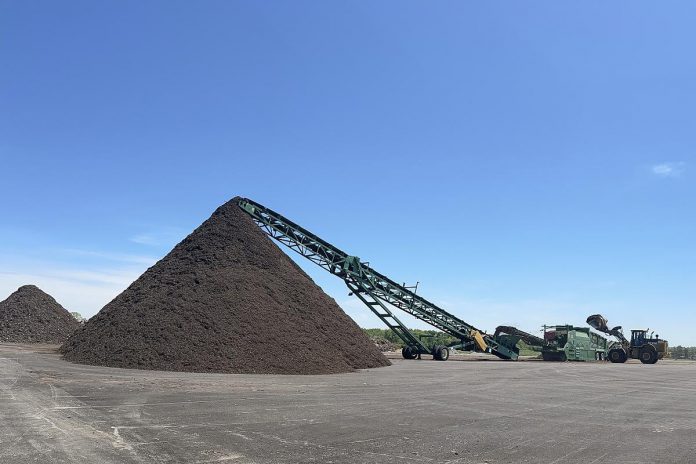 Mounds of compost at the City of Peterborough's new composting facility co-located at the city-county landfill site on Bensfort Road ready to be tested for compliance with the Ontario Ministry of the Environment's compost quality standards. Since the city's green bin program launched on October 31, 2023, 28,000 households have collectively diverted more than 6,000 tonnes of methane-producing organics from the landfill. (Photo: City of Peterborough)