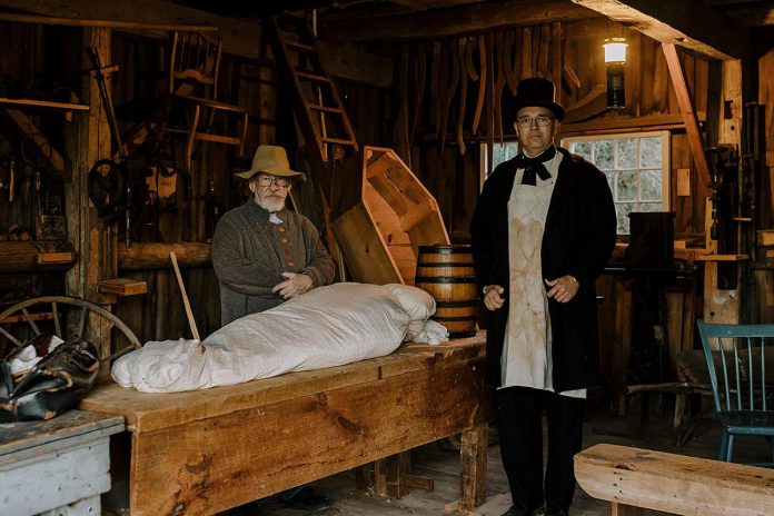 Learn about the history of coffins and body snatching during Lang Pioneer Village Museum's annual Spooky All Hallows' Eve on October 25 and 26, 2024. The family-friendly event also features the origins of trick-or-treating, the story of werewolves, wagon rides, magic shows, face painting, festive snacks and drinks, a séance, fortune telling, and much more. (Photo: Heather Doughty)