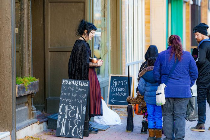 Organized by the Peterborough Downtown Business Improvement Area (DBIA), the third annual “Halloween in the Booro” event runs from 5 to 8 p.m. on October 26, 2024. Nearly 30 locally owned, independent businesses will be decked out for Halloween and hand out sweets to trick-or-treaters while also offering late-night shopping. (Photo courtesy of Peterborough DBIA)