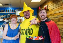 Boardwalk Board Game Lounge on George Street welcoming trick-or-treaters and late-night shoppers to the second annual "Halloween in the Booro" event in 2023. Boardwalk Board Game Lounge is one of nearly 30 downtown Peterborough businesses that will be participating in the 2024 event from 5 to 8 p.m. on Saturday, October 26, organized by the Peterborough Downtown Business Improvement Area (DBIA). (Photo courtesy of Peterborough DBIA)