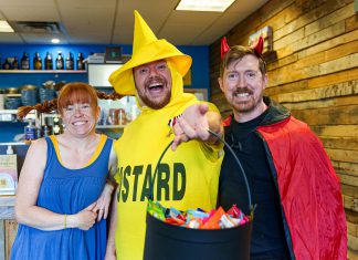 Boardwalk Board Game Lounge on George Street welcoming trick-or-treaters and late-night shoppers to the second annual "Halloween in the Booro" event in 2023. Boardwalk Board Game Lounge is one of nearly 30 downtown Peterborough businesses that will be participating in the 2024 event from 5 to 8 p.m. on Saturday, October 26, organized by the Peterborough Downtown Business Improvement Area (DBIA). (Photo courtesy of Peterborough DBIA)