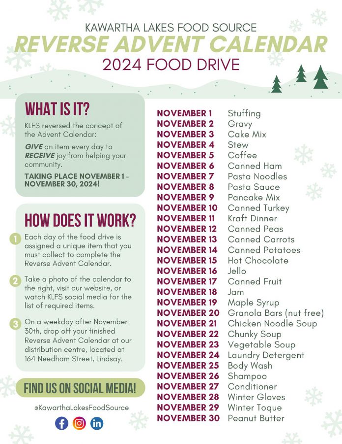 The Kawartha Lakes Food Source (KLFS) reverse advent calendar for its 2024 food drive during the month of November. (Graphic: KLFS)