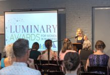 Sarah Budd, outgoing CEO and president of Peterborough and Kawarthas Chamber of Commerce, speaks at the launch of the chamber's inaugural Luminary Awards, held at Bennett's Furniture and Mattresses in Peterborough on September 18, 2024. With five categories, the awards celebrate women in business in the city and county of Peterborough, both those in leadership roles and those who lead from behind the scenes. Nominations are now open until January 17, 2025. (Photo: Heather Doughty Photography)