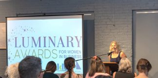 Sarah Budd, outgoing CEO and president of Peterborough and Kawarthas Chamber of Commerce, speaks at the launch of the chamber's inaugural Luminary Awards, held at Bennett's Furniture and Mattresses in Peterborough on September 18, 2024. With five categories, the awards celebrate women in business in the city and county of Peterborough, both those in leadership roles and those who lead from behind the scenes. Nominations are now open until January 17, 2025. (Photo: Heather Doughty Photography)