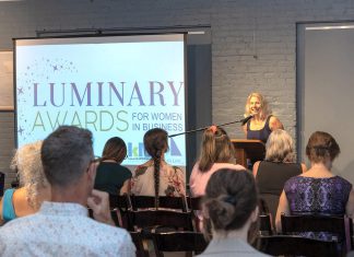 Sarah Budd, outgoing CEO and president of Peterborough and Kawarthas Chamber of Commerce, speaks at the launch of the chamber's inaugural Luminary Awards, held at Bennett's Furniture and Mattresses in Peterborough on September 18, 2024. With five categories, the awards celebrate women in business in the city and county of Peterborough, both those in leadership roles and those who lead from behind the scenes. Nominations are now open until January 17, 2025. (Photo: Heather Doughty Photography)