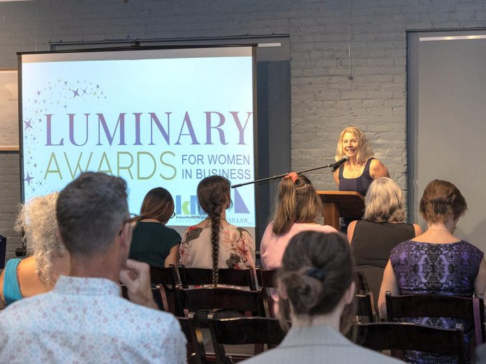 Sarah Budd, outgoing CEO and president of Peterborough and Kawarthas Chamber of Commerce, speaks at the launch of the chamber's inaugural Luminary Awards, held at Bennett's Furniture and Mattresses in Peterborough on September 18, 2024. With five categories, the awards celebrate women in business in the city and county of Peterborough, both those in leadership roles and those who lead from behind the scenes. Nominations are now open until January 17, 2025. (Photo: Heather Doughty Photography)