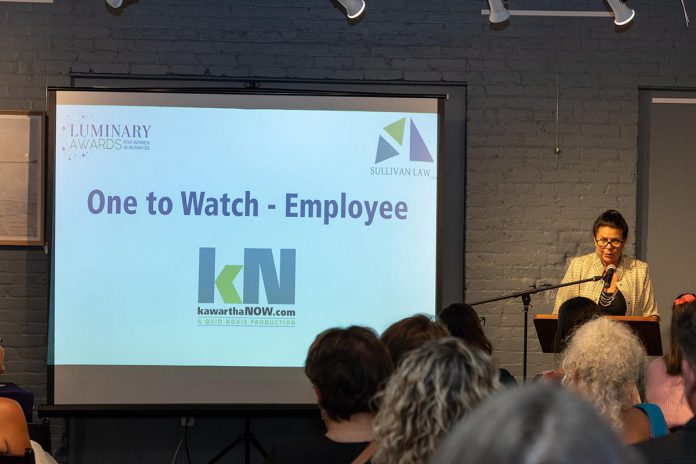 Award-winning kawarthaNOW founder and publisher Jeannine Taylor introducing the "One to Watch - Employee" award during the launch of Peterborough and Kawarthas Chamber of Commerce's inaugural Luminary Awards on September 18, 2024. kawarthaNOW is the presenting media sponsor for the awards that celebrate women in business. (Photo: Heather Doughty Photography)