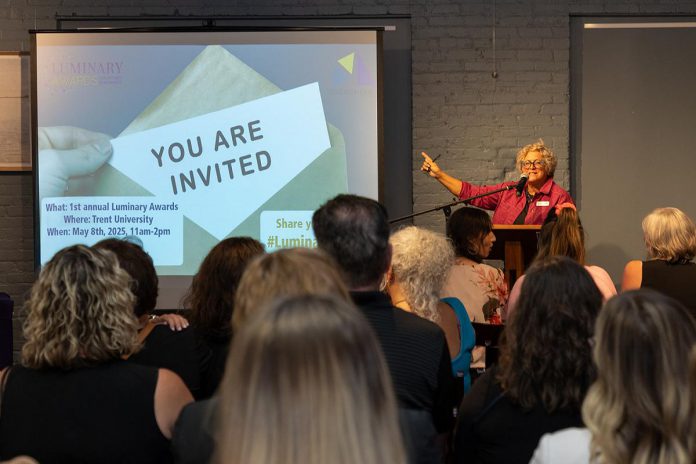 Susan Dunkley, vice chair of the board of Peterborough and Kawarthas Chamber of Commerce, speaks at the launch of the chamber's first annual Luminary Awards, held at Bennett's Furniture and Mattresses in Peterborough on September 18, 2024. Tickets are now available for the awards luncheon, taking place on May 8, 2025, where the inaugural award recipients will be celebrated. (Photo: Heather Doughty Photography)