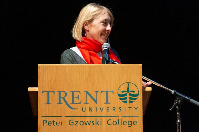 Melanie Buddle, principal of Trent University's Peter Gzowski College, speaking at the "Refugee Journalists in Canada" event in February 2020 where award-winning filmmaker, historian, journalist and Trent alumnus James Cullingham shared a demo of his then-in-development documentary "The Cost of Freedom: Refugee Journalists in Canada." (Photo: @RefJrnsDoc on Twitter)