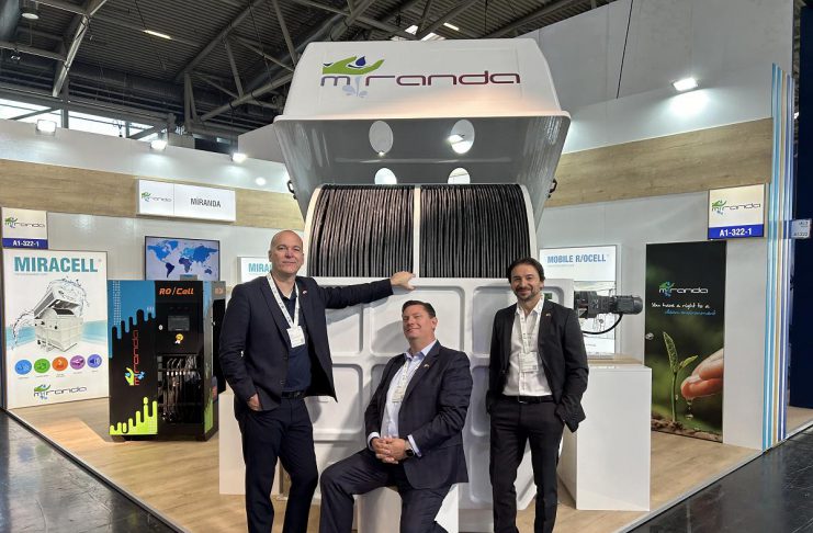 The Miranda Water Technologies team (Ryan Moore, Michael Skinner, and Emrah Hançer) at IFAT Munich in 2024, the leading tradeshow in environmental technologies. Miranda, a globally recognized leader in supporting the sustainable and environmentally friendly treatment of water and wastewater with water reuse systems for commercial and residential areas, has partnered with Fleming College in Peterborough to develop technology for improving efficiency, sustainability, and performance in wastewater treatment. (Photo: Miranda Water Technologies)