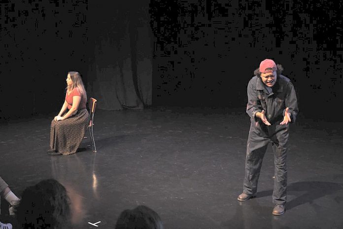 The Centre for Indigenous Theatre performing a reading of Drew Hayden Taylor's "Girl Who Loved Her Horses" at the 2024 Nogojiwanong Indigenous Fringe Festival (NIFF) at Trent University in Peterborough. For 2025, the festival is moving to the Peterborough Theatre Guild in East City. (kawarthaNOW screenshot of NIFF video)