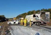 A collision involving a passenger vehicle and three tractor-trailers closed the westbound lanes of Highway 401 at Brighton for around three hours on October 4, 2024. The driver of the passenger vehicle suffered minor injuries. (Photo: Northumberland OPP)