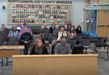 Transition House board chair Meaghan MacDonald and executive director Ike Nwibe address Northumberland County Council during a special county council meeting on October 29, 2024. With a 2024 bylaw around the regulation of emergency care establishments now in place in Cobourg, Transition House may be forced to close its doors to additional guests or reduce its occupancy at its Chapel Street location. (kawarthaNOW screenshot of Northumberland County video)