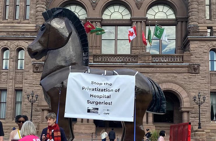 CUPE's Ontario Council of Hospital Unions (OCHU-CUPE) and the Ontario Health Coalition launched their Trojan Horse Ontario Tour to protest privatization of hospital surgeries on October 4, 2024 at Queen's Park in Toronto, and will be visiting locations around the province until the end of November. (Photo: OCHU-CUPE)