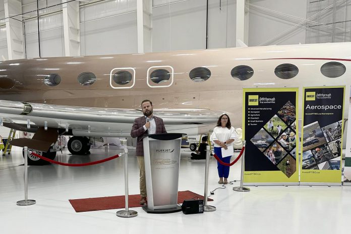 David Piccini, Ontario's Minister of Labour, Immigration, Training and Skills Development and Northumberland–Peterborough South MPP, spoke at the launch of the Build & Soar Program held at the Peterborough Airport in July 2024. The program offers high school students the chance to learn through immersive on-the-job experience in the high-demand sectors of construction and aviation. (Photo courtesy of Peterborough & the Kawarthas Economic Development)