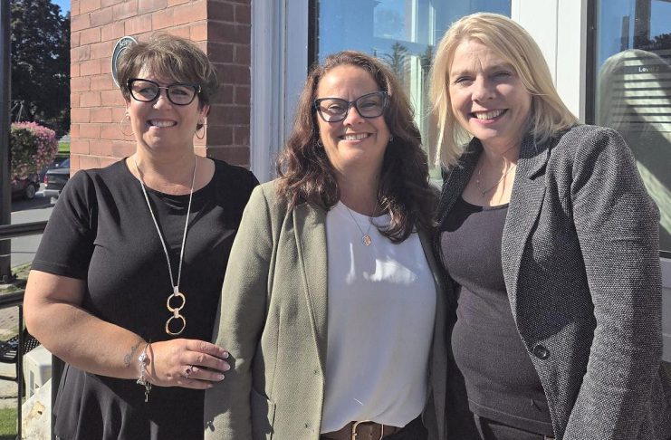 Peterborough County's new economic development and tourism team (Tracie Bertrand, Rhonda Keenan, and Sarah Budd) in front of the county's new business information hub located in the former post office at 12 Queen Street in downtown Lakefield. (Photo: Peterborough County)