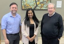 Peterborough Family Doctors' Think Tank founder Dr. Madura Sundareswaran (middle) with councillor Don Vassiliadis (left), who represents the City of Peterborough on the volunteer-based Peterborough Physician Recruitment and Retention Committee, and Peterborough mayor Jeff Leal. The city is collaborating with the think tank to support the city's new approach to physician recruitment and retention. (Photo courtesy of City of Peterborough)