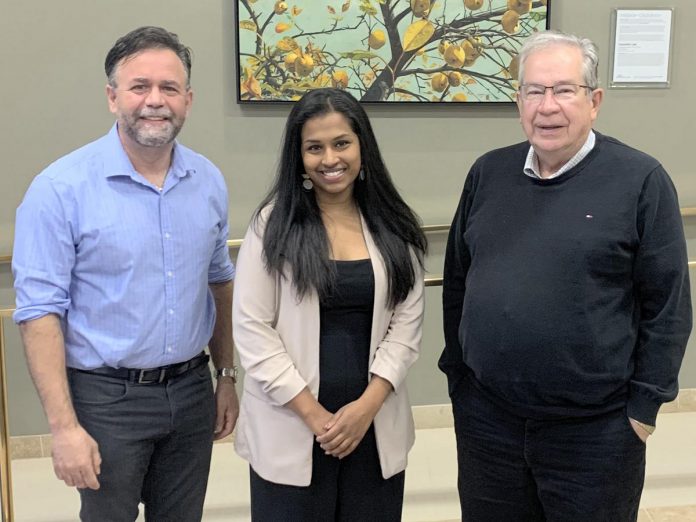 Peterborough Family Doctors' Think Tank founder Dr. Madura Sundareswaran (middle) with councillor Don Vassiliadis (left), who represents the City of Peterborough on the volunteer-based Peterborough Physician Recruitment and Retention Committee, and Peterborough mayor Jeff Leal. The city is collaborating with the think tank to support the city's new approach to physician recruitment and retention. (Photo courtesy of City of Peterborough)