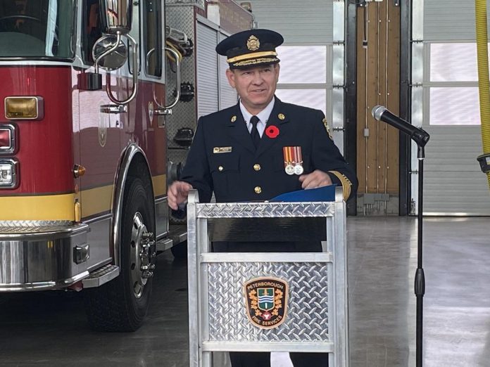 Peterborough Fire Services chief Chris Snetsinger speaks during the official opening of the city's new Fire Station No. 2 at 100 Marina Boulevard on October 31, 2024. (Photo: Paul Rellinger / kawarthaNOW)