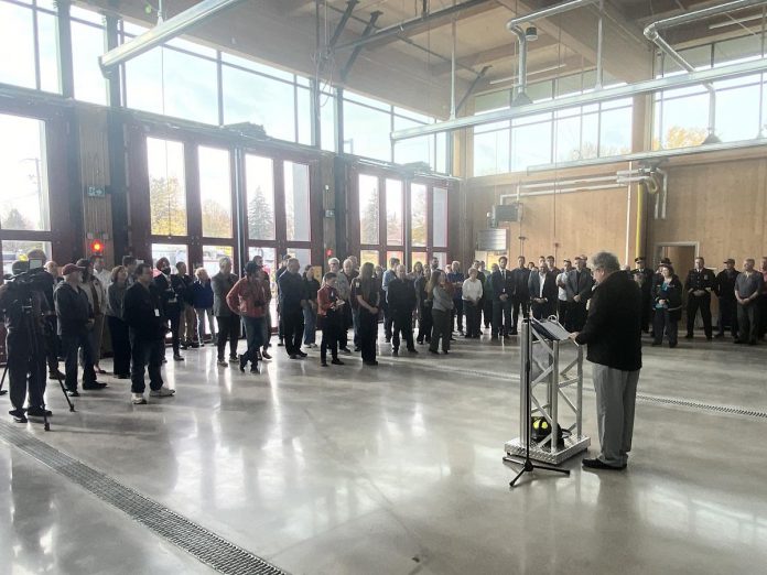 Mayor Jeff Leal addresses a crowd inside the City of Peterborough's new Fire Station No. 2 at 100 Marina Boulevard during an official opening celebration on October 31, 2024. The station is the city's first facility to be certified as a net-zero carbon and net-zero energy building. (Photo: Paul Rellinger / kawarthaNOW)